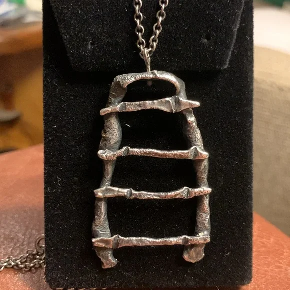 BRUTALIST MODERNIST RAW STEAMPUNK SILVERTONE PEWTER PENDANT AND CHAIN NECKLACE.